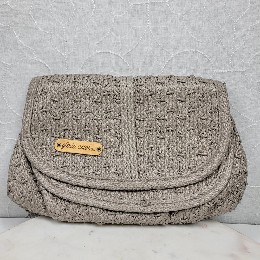 VTG‎ Gloria Astor Woven Wristlet Clutch 11" Gray Envelope Flap Crochet Purse 70s